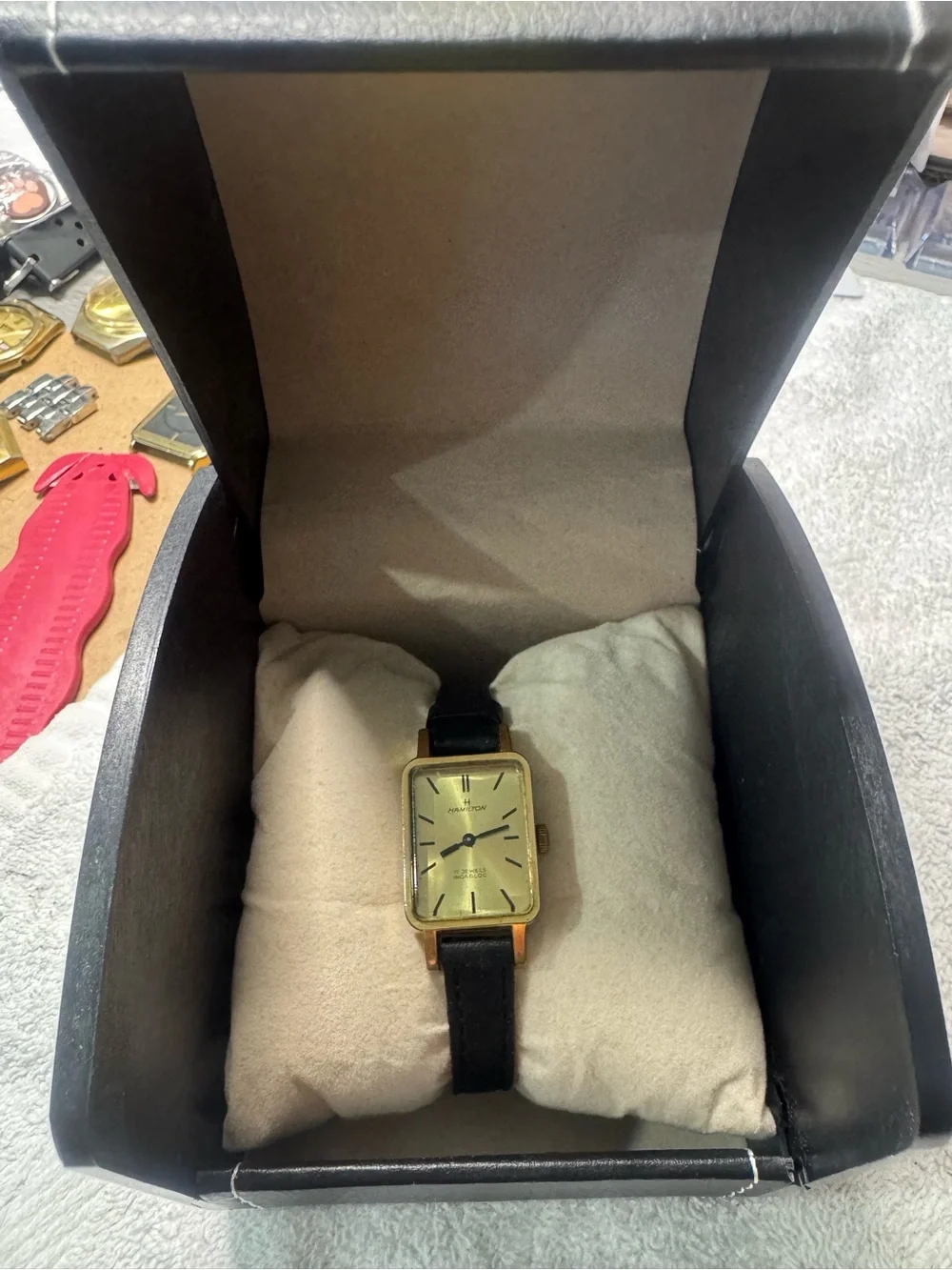 #080 Hamilton Gold-Tone Rectangular Dress Watch with Black Strap